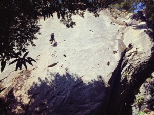 Rappel down to the base of Waterfall cliff area climbs, Castle Rock 1st trad leads
